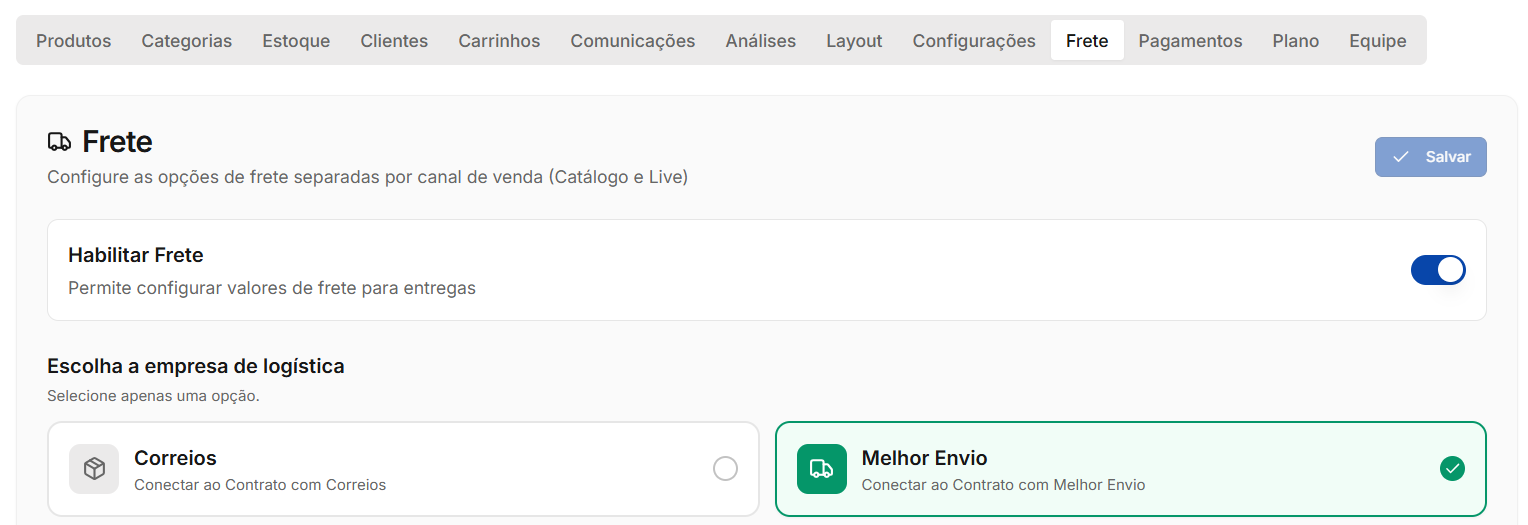 Melhor Envio selecionado na aba Frete